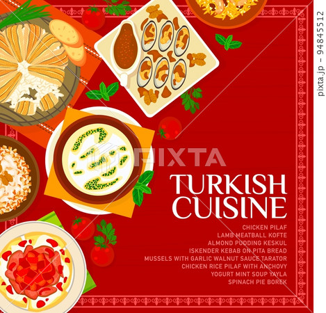 Turkish cuisine menu cover with dishes for lunch and dinner, vector Turkey food meals. Turkish food menu for yogurt min soup yayla, chicken pilaf and lamb meatball kofte with spinach pie borek 94845512