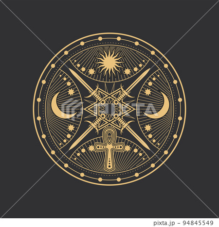 Occult esoteric pentagram, magic tarot ankh symbol with swords, vector circle. Pentagram symbol of alchemy, esoteric and occultism ritual with sun, moon in celestial planets circle and ritual daggers Occult esoteric pentagram, magic tarot ankh symbol with swords, vector circle. Pentagram symbol of alchemy, esoteric and occultism ritual with sun, moon in celestial planets circle and ritual daggers 94845549