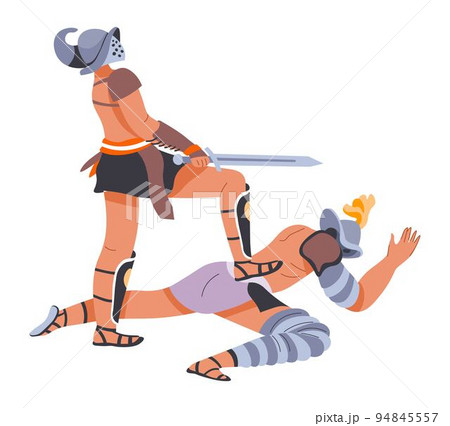 Gladiator fight, men in armor, warriors weapons Gladiator fight, men in armor, warriors weapons 94845557