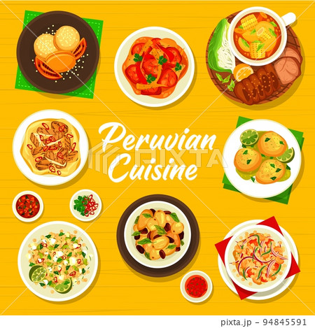 Peruvian cuisine cover page design. Quinoa bean salad, potatoes with olives and Lomo Saltado, quinoa feta salad, Causa croquettes and Sancochado, cookie Alfajores, chicken with sauce Aji de Gallina Peruvian cuisine cover page design. Quinoa bean salad, potatoes with olives and Lomo Saltado, quinoa feta salad, Causa croquettes and Sancochado, cookie Alfajores, chicken with sauce Aji de Gallina 94845591