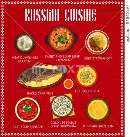 Russian cuisine menu food dishes and lunch meals, vector restaurant dinner poster. Russian cuisine food borscht soup and blini pancakes, meat dumpling pelmeni and beef stroganoff with carp fish 94845597