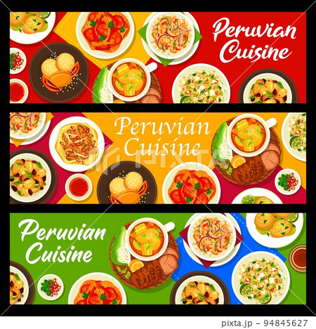 Peruvian cuisine meals banners. Potatoes with olives, quinoa feta salad and soup Sancochado, chicken with sauce Aji de Gallina, Causa croquettes and quinoa bean salad, Lomo Saltado, cookie Alfajores 94845627