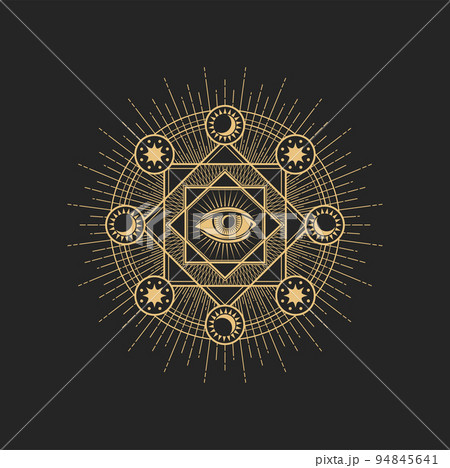Esoteric occult symbol vector Eye of Providence inside of circle with star, sun, moon around. Spiritual mason sign or tarot cards symbol, isolated amulet, tattoo Esoteric occult symbol vector Eye of Providence inside of circle with star, sun, moon around. Spiritual mason sign or tarot cards symbol, isolated amulet, tattoo 94845641