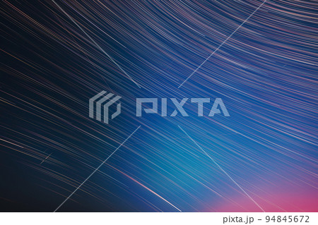 Flight Of Fancy. Abstract Amazing Star Trails On Night Sky Background. Bright Night Starry Sky. Soft Colours. Large Exposure. Imagination, Fantasy, Illusion, Dream View. Saturated Bright Blue, Red 94845672