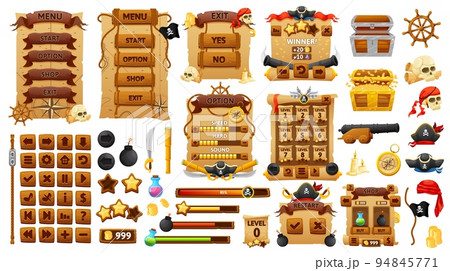 Pirates and corsairs game interface. Ui game buttons, gui elements game asset. Menu selected screens, buttons and progress bars with cartoon pirate skulls, captain hats, treasure chest, map and flag 94845771