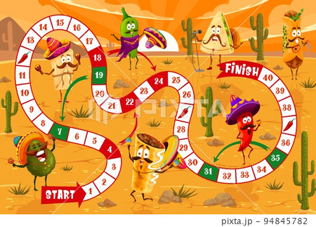 Cartoon mexican food character in desert kids board game. Vector walk boardgame with numbered snake path and tex mex snacks chili pepper, tacos and jalapeno, burrito and avocado, quesadilla, enchilada 94845782