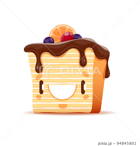 Cartoon cake character, cute sweet food or pastry dessert vector personage with happy smiling face. Kawaii piece of layer cake with vanilla cream, chocolate glaze and berries, funny pastry emoji 94845801