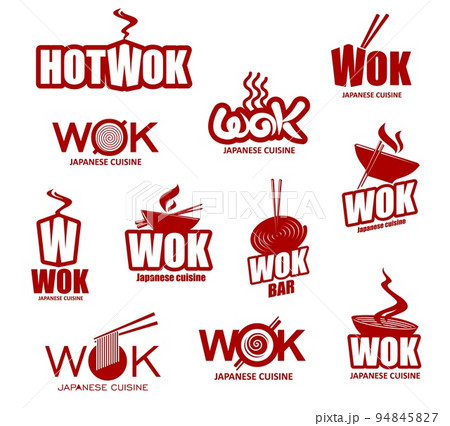 Asian wok pan and noodles box icons. Chinese and Japanese cuisine wok symbols. Asian fast food restaurant, hot takeaway meals street bar or delivery vector signs with wok pan, noodles and chopsticks 94845827