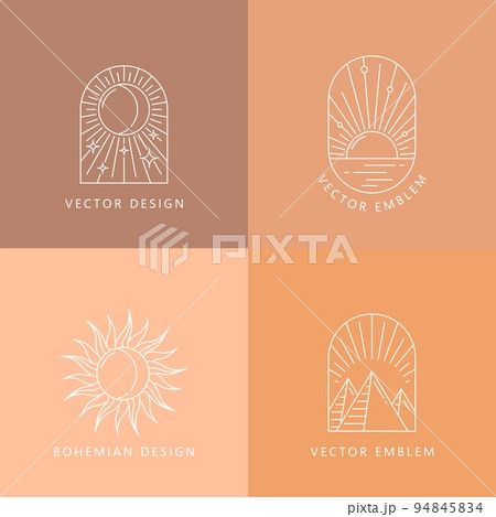 Boho sun, moon and pyramids with stars, vector outline icons. Bohemian linear emblems design of sunlight, moon and Egypt pyramids for mystic or esoteric doodle of magic Boho symbols 94845834