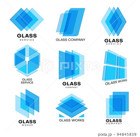 Glass icons, window service and construction works, vector blue square glass symbols. Modern geometric shapes, abstract polygon transparent glass icons for building or digital technology Glass icons, window service and construction works, vector blue square glass symbols. Modern geometric shapes, abstract polygon transparent glass icons for building or digital technology 94845839
