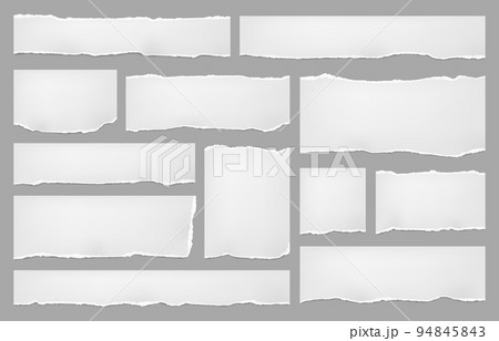 White torn paper sheets, notes with rip edges and page scrap pieces, vector. Torn paper strips, notebook page ripped sheet pieces and paper fragment shreds for notepad message frames 94845843