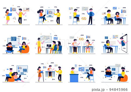 Programming software concept with tiny people scenes set in flat design. Bundle of men and women developers working on projects, testing, coding and software engineering. Vector illustration for web 94845966