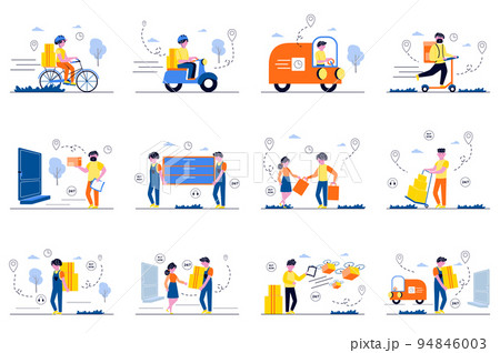 Delivery concept with tiny people scenes set in flat design. Bundle of courier delivery, truck transportation, loaders working, flying drone with parcels, fast shipping. Vector illustration for web Delivery concept with tiny people scenes set in flat design. Bundle of courier delivery, truck transportation, loaders working, flying drone with parcels, fast shipping. Vector illustration for web 94846003