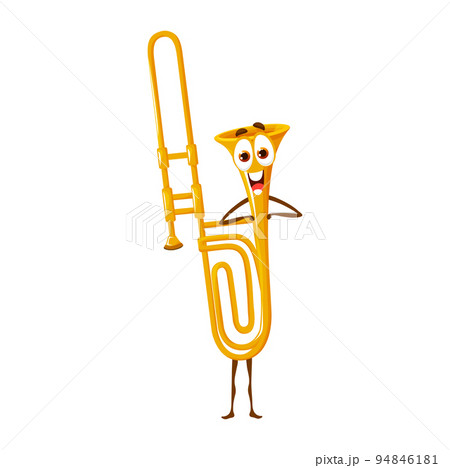 Cartoon musical trombone character. Isolated vector horn, wind instrument personage. Brass pipe for music school, concert performance. Funny trumpet with happy face 94846181