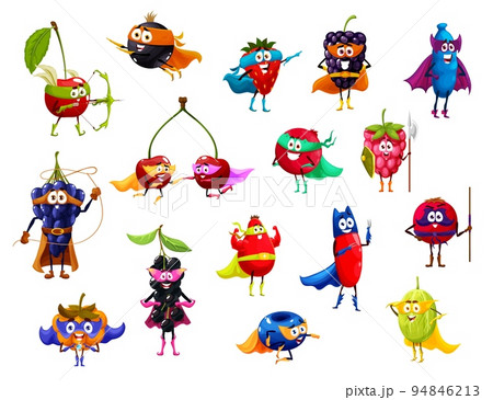 Garden berry superhero and defender characters, vector cartoon funny food. Super hero and guardian berries, strawberry and cherry in superhero masks, blackberry and blueberry in power cape 94846213