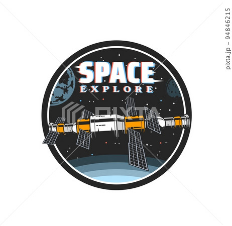 Space explore, orbital station or spaceship in galaxy discovery, vector icon. Orbital space station or shuttle with modules and antenna on earth orbit, telecommunication and exploration technology 94846215