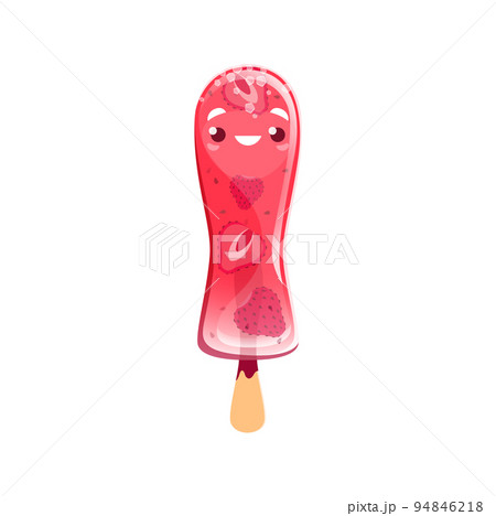 Cartoon ice cream dessert character, isolated vector fruit ice personage, frozen juice with strawberry pieces. Sweets with berry flavor, kawaii cold summer food, fruity popsicle on stick, refreshment 94846218