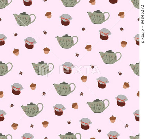 Seamless pattern with tea pot, jam and acorn on pink background. Collection of autumn elements. Hand drawn vector illustration. Background for fabric, textile, wallpaper, posters, gift wrapping paper 94846272