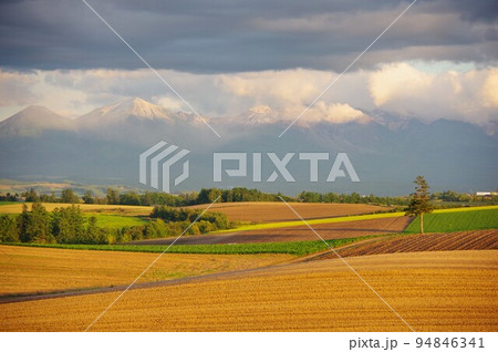 北海道美瑛町　パッチワークの路・美瑛富士・美瑛岳・十勝岳を望む 94846341