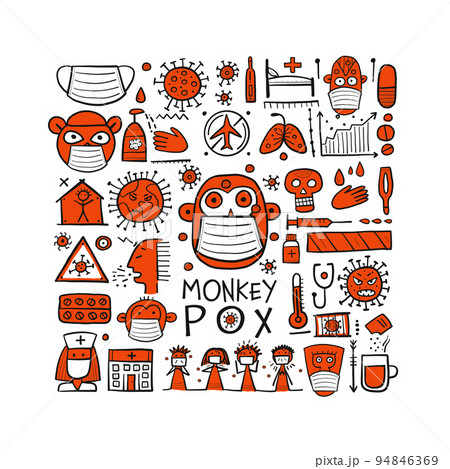 Monkeypox 2022 virus - disease transmitted by monkey. Concept art banner for your design. Vector illustration Monkeypox 2022 virus - disease transmitted by monkey. Concept art banner for your design. Vector illustration 94846369