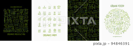 Organic Farm Background For your Design. Harvest Festival. Agriculture collection. Organic farming eco concept. Fresh products, locally grown and organic food. Farmer's Market. Set of 4 concept art 94846391