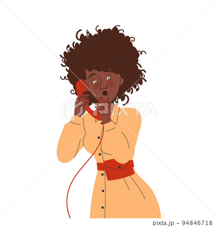 Young Woman with Curly Hair Talking by Stationary Phone Breaking the News Vector Illustration 94846718