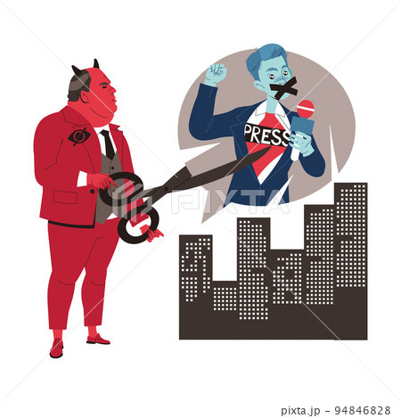 Prohibition of Independent Media with Red Man Cutting Speech Bubble with Reporter with Scissors Vector Illustration Prohibition of Independent Media with Red Man Cutting Speech Bubble with Reporter with Scissors Vector Illustration 94846828