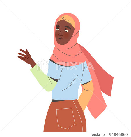 Young Muslim Woman Character in Hijab Reach Hand Giving Support Demonstrating Attention and Empathy Vector Illustration 94846860