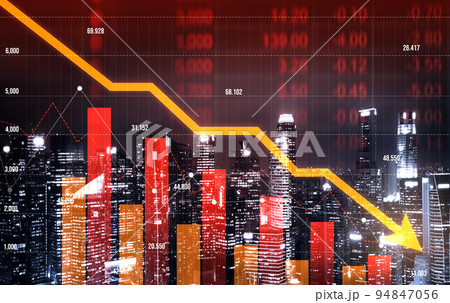 Declining graphs of a stock market crash overlap modernistic city. Declining graphs of a stock market crash overlap modernistic city. 94847056