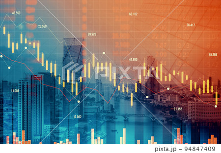 Declining graphs and digital indicators overlap modernistic city background. Declining graphs and digital indicators overlap modernistic city background. 94847409