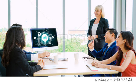 Decentralized finance or DeFi concept on modish computer screen 94847422