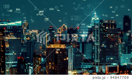 Business data analytic interface fly over smart city showing alteration future 94847709