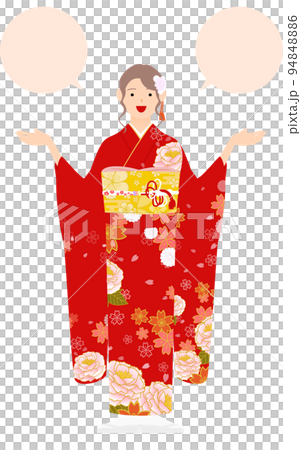 振袖の女性(和服姿)、両手を広げて話をする(吹き出しつき) 振袖の女性(和服姿)、両手を広げて話をする(吹き出しつき) 94848886