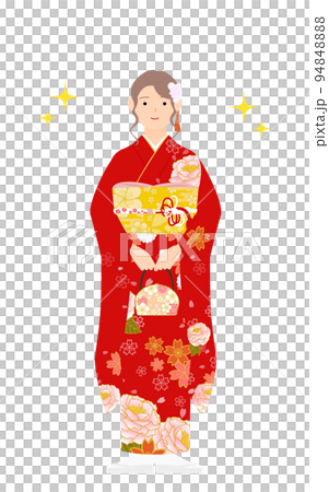 一個穿著風衣的女人（穿著和服），背著一個包（亮片）面向前方 94848888