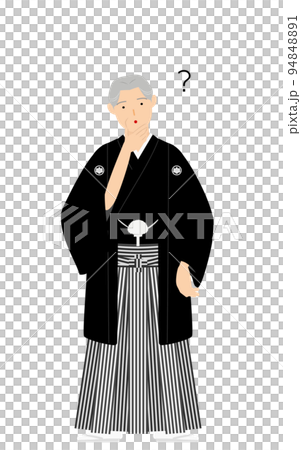 紋付袴のシニア男性（和服姿）、疑問を持つ 94848891
