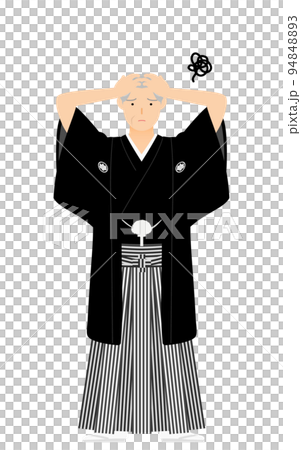 Senior man with a crested hakama (in Japanese clothes), holding his head and worried 94848893