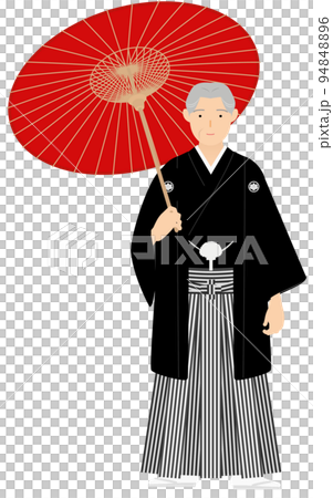 Senior man with a crested hakama (in Japanese clothes) poses with an umbrella 94848896
