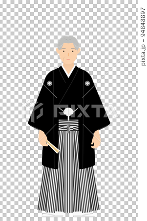 紋付袴のシニア男性(和服姿)、扇子を持ってポーズを取る 紋付袴のシニア男性(和服姿)、扇子を持ってポーズを取る 94848897