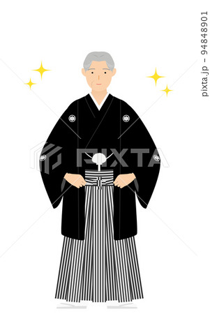 紋付袴のシニア男性（和服姿）、腰に手を当ててポーズを取る（キラキラ付き） 94848901