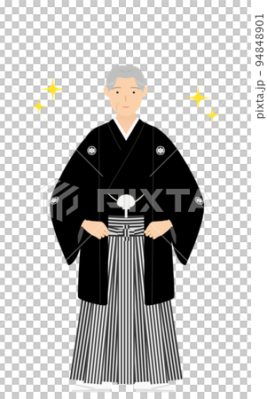 紋付袴のシニア男性（和服姿）、腰に手を当ててポーズを取る（キラキラ付き） 94848901