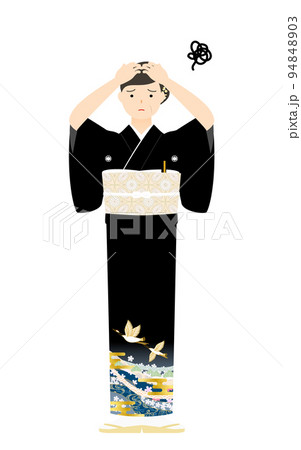 黒留袖のシニア女性(和服姿)、頭を抱えて悩む 黒留袖のシニア女性(和服姿)、頭を抱えて悩む 94848903
