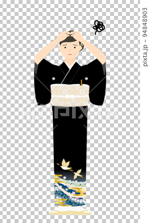 黒留袖のシニア女性(和服姿)、頭を抱えて悩む 黒留袖のシニア女性(和服姿)、頭を抱えて悩む 94848903