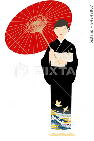 黒留袖のシニア女性(和服姿)、番傘を持つ 黒留袖のシニア女性(和服姿)、番傘を持つ 94848907