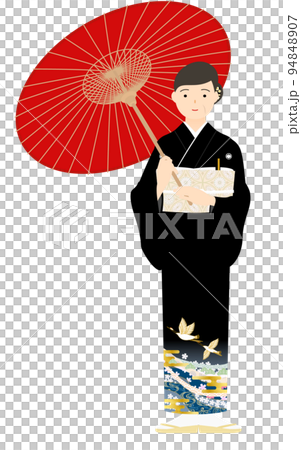 黒留袖のシニア女性(和服姿)、番傘を持つ 黒留袖のシニア女性(和服姿)、番傘を持つ 94848907