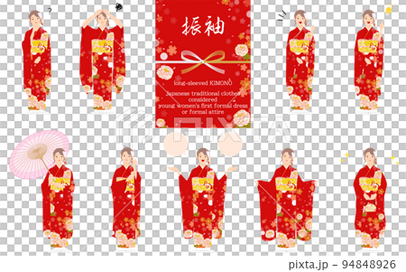 振袖の女性、和服姿のポーズセット、疑問・悩む・引き受ける・指さしetc 94848926