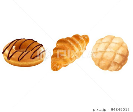 喫茶店ーフランスパンーウィンナーロールーカンパーニュのイラストセットー手描き素材 94849012
