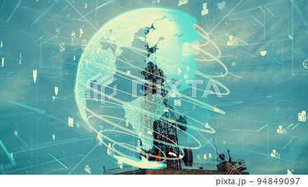 Telecommunication tower with 3D graphic of global business alteration Telecommunication tower with 3D graphic of global business alteration 94849097