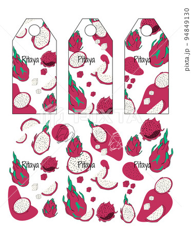 Group of label and print for dragon fruit flavor. Doodle style illustration with doodle pitaya mark. Vector illustration isolated on white background. Group of label and print for dragon fruit flavor. Doodle style illustration with doodle pitaya mark. Vector illustration isolated on white background. 94849130