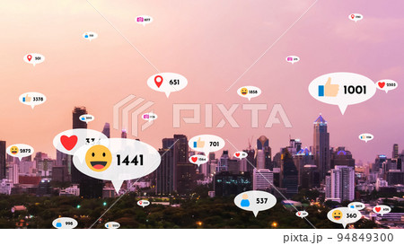 Social media icons fly over city downtown showing people reciprocity connection 94849300