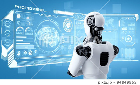 Thinking AI hominoid robot analyzing hologram screen showing concept of AI 94849965
